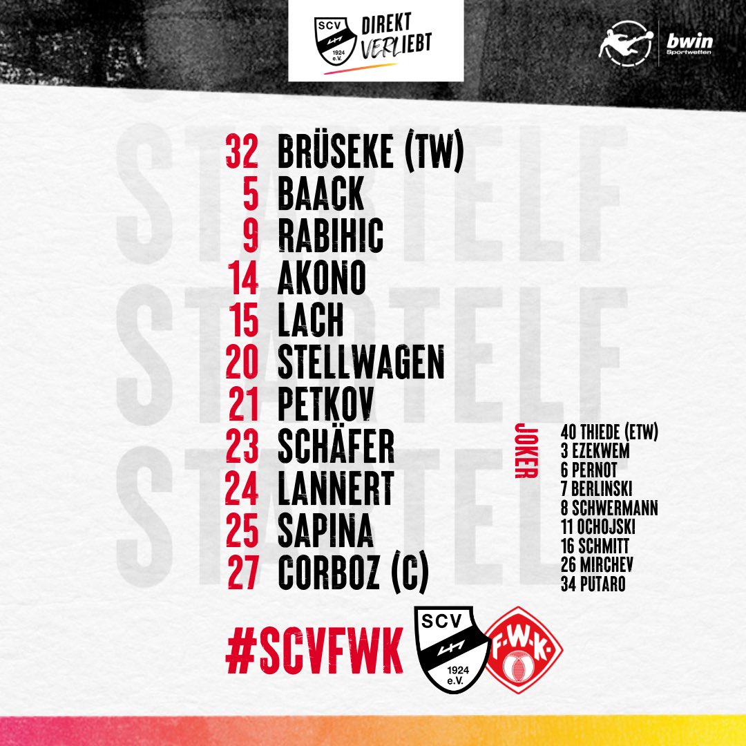 SCVerl's tweet photo. Unsere Startelf 🖤🤍
#scverl #SCVFWK #3liga #zeigtsuns #fu3ball https://t.co/3Zu9MBSr0G