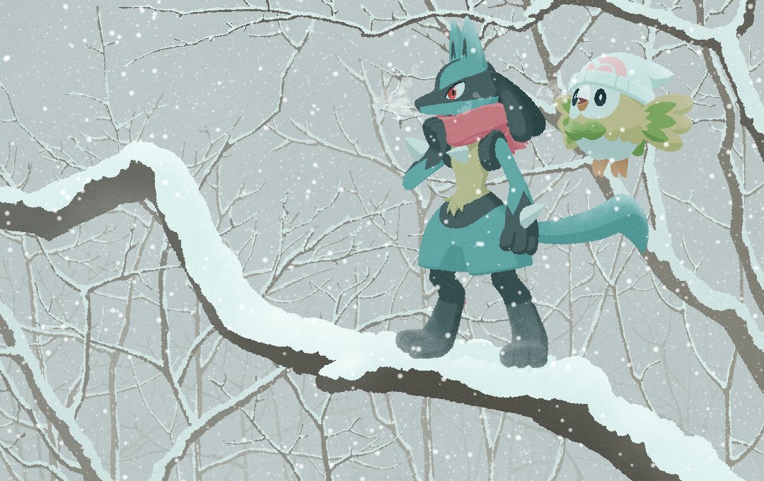 「雪のシンオウ、ルカリオとモクロー 」|こめぱんのイラスト