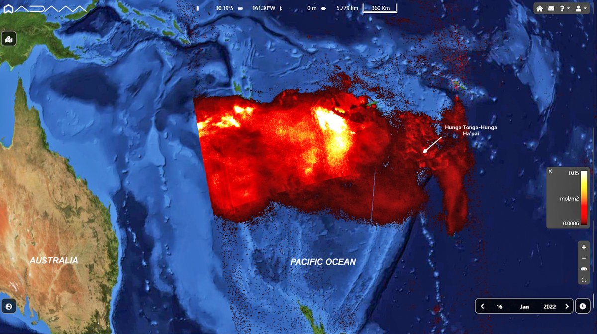 PlatformAdam's tweet photo. Impressive image of SO2 emissions from the #HungaTongaHungaHaapai detected on Jan. 16 by the #Copernicus #Sentinel5p #tropomi sensor after the big eruption of Jan. 15. The view of the plume heading to #Australia is not yet complete. #Tonga  @Giulio_Firenze @jessphoenix2018 @WMO https://t.co/qMxcq5k4D7