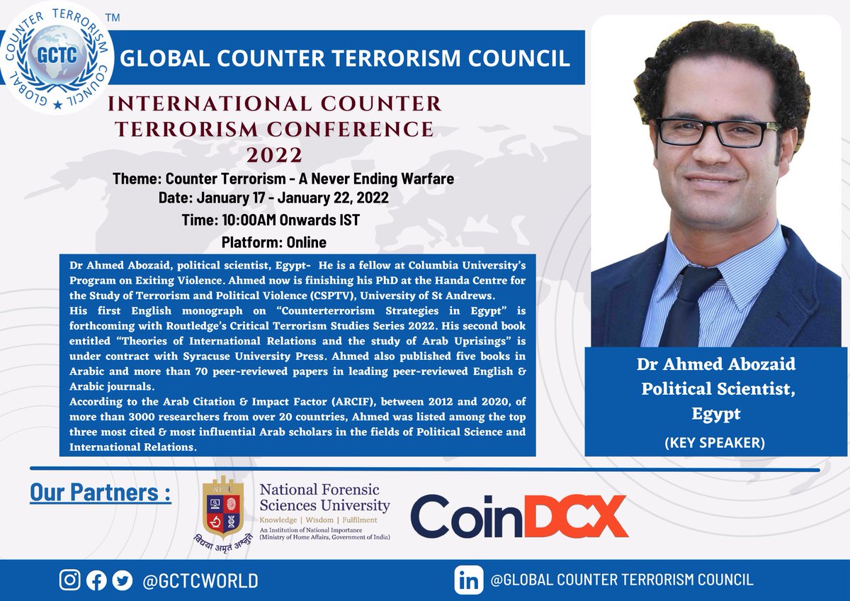 GCTCWORLD's tweet photo. #GCTC is exultant to have Dr. Ahmed Abozaid as a Key Speaker for International Counter Terrorism Conference 2022. 

@adgpi @indiannavy @HQ_IDS_India 
 #technologies #foreigncollaboration #uavs #armoredvehicles #counterieds #protectivegears #infrastructuresecurity https://t.co/YvIRjKp1v7