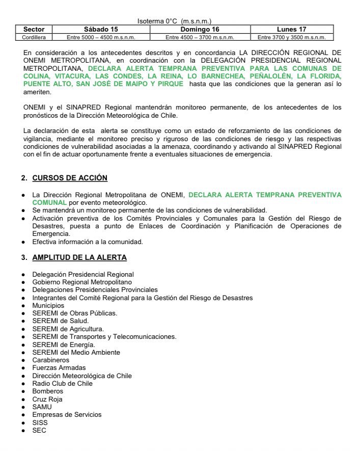 🟡 Hoy 15 de enero <a href="/onemichile/">Ex ONEMI</a> declara Alerta Temprana en el #CajónDelMaipo por evento meteorológico. Si estás acampando o haciendo trekking y comienza a llover aléjate rápidamente de ríos y esteros.