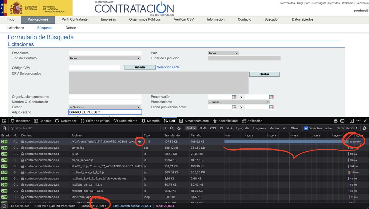 JaimeObregon's tweet photo. Una búsqueda en el portal de contratación del Estado conlleva esperar MEDIO MINUTO. En la herramienta que estoy haciendo —y que busca en los mismos datos—, la misma búsqueda tarda medio segundo.

El portal oficial es tan cutre que una persona en su casa puede hacerlo mejor. https://t.co/eO7CbCzByG