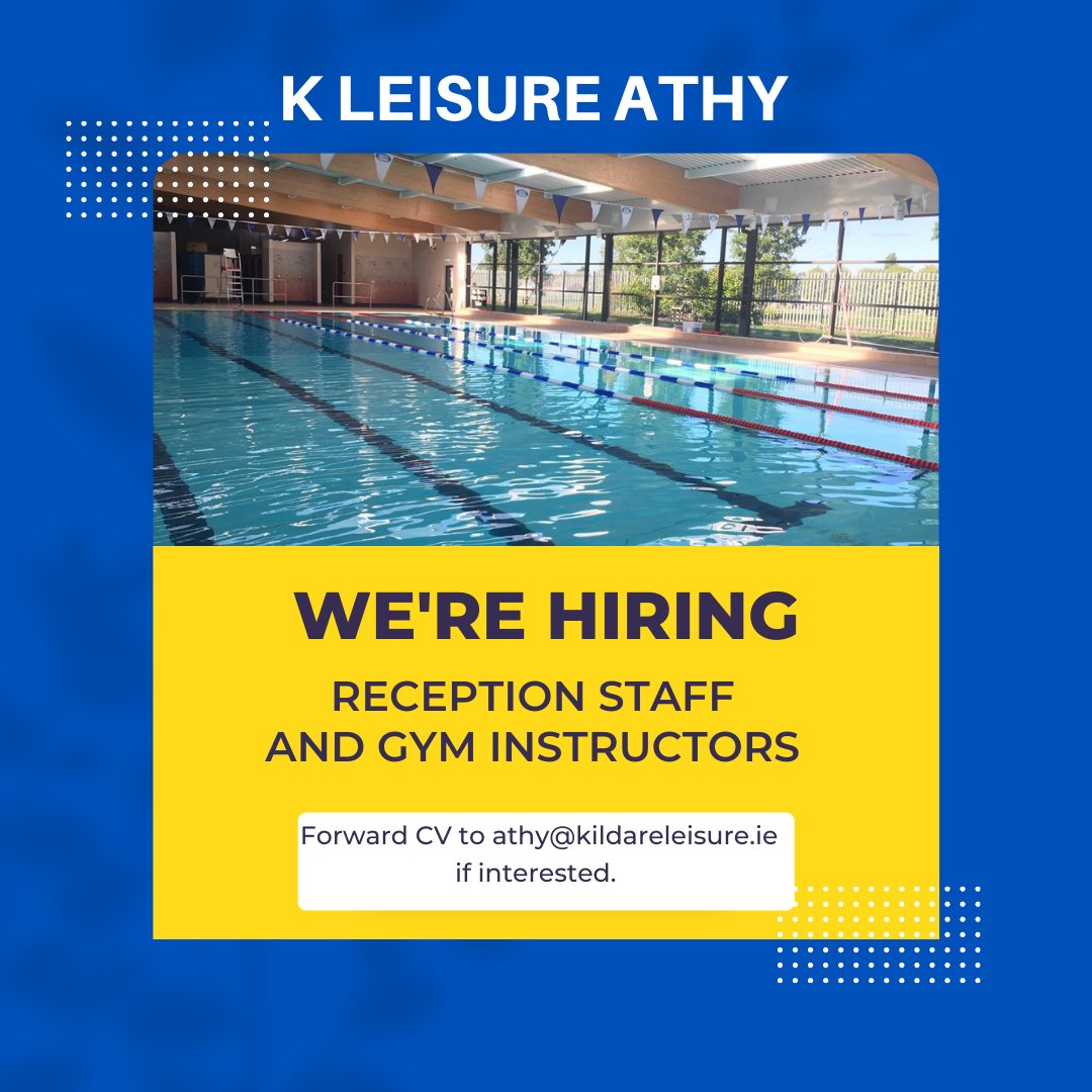 K L E I S U R E (@kildareleisure) on Twitter photo K LEISURE ATHY ARE HIRING!
Reception staff and gym instructors needed.
Please forward any queries or applications to athy@kildareleisure.ie
#job #jobfairy #reception #gym #gyminstructor K LEISURE ATHY ARE HIRING!
Reception staff and gym instructors needed.
Please forward any queries or applications to athy@kildareleisure.ie
#job #jobfairy #reception #gym #gyminstructor
