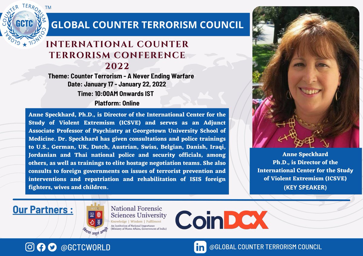 GCTCWORLD's tweet photo. #GCTC is deeply  honoured to have Anne Speckhard as our Key Speaker for International Counter Terrorism Conference 2022.
@AnneSpeckhard

@adgpi @indiannavy @HQ_IDS_India @Facebook

 #Political #terrorism #Warzone #foreigncollaboration #uavs #armoredvehicles #counterieds https://t.co/xSeFmMT6jy