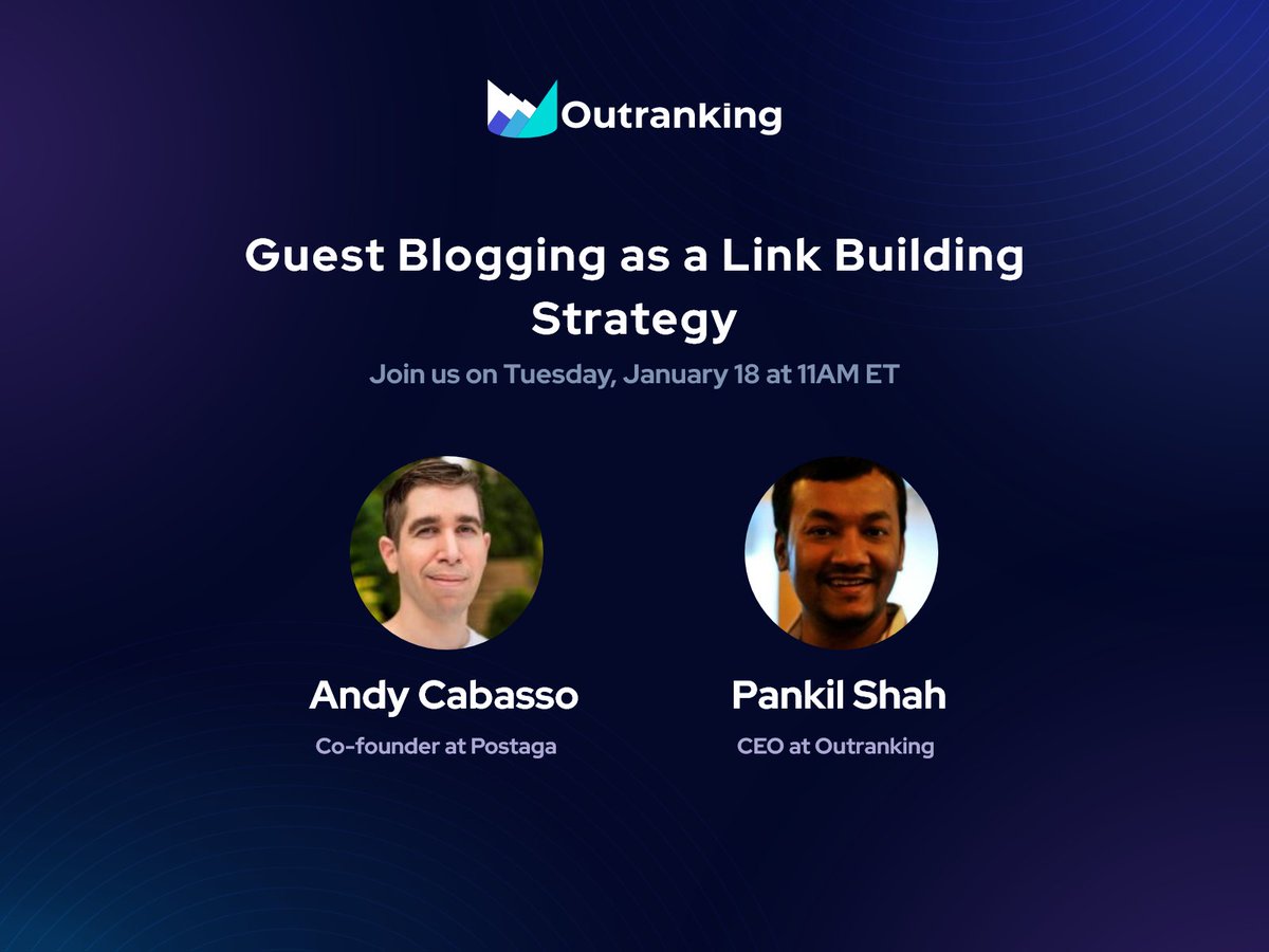 outranking_io's tweet photo. Join @andycabasso and @PankilShah9 this week to learn everything you need to know about guest blogging, from finding and pitching guest blogs to creating content that will outrank competition.
Register: https://t.co/qgki7sswTB https://t.co/GZHjQaEcYS