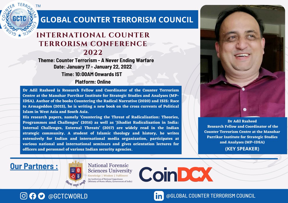 GCTCWORLD's tweet photo. #GCTC is honoured to have Dr. Adil Rasheed as our Key Speaker for International Counter Terrorism Conference 2022.
@Netdenizen

@adgpi @indiannavy @HQ_IDS_India @Facebook

 #technologies #terrorism #foreigncollaboration #uavs #armoredvehicles #counterieds #protectivegears https://t.co/ds33R5vvS3
