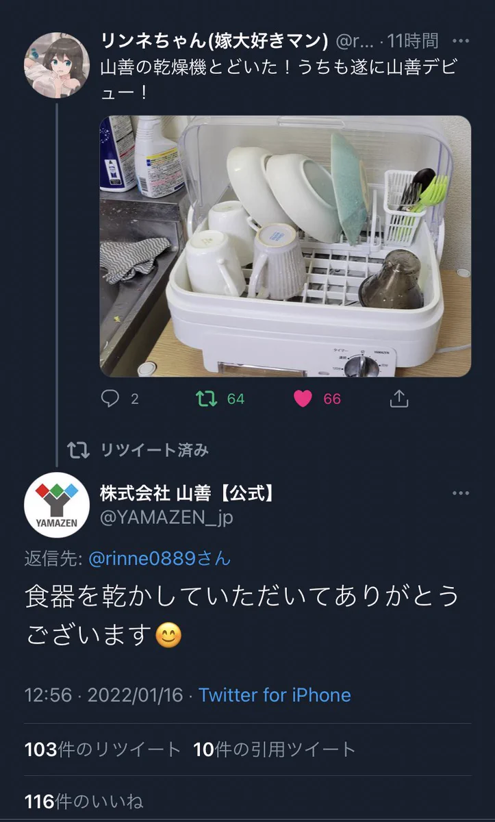 山善の食器乾燥機…食器を乾かしただけで感謝されてしまうw