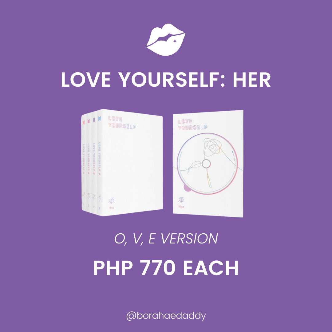 borahaedaddy's tweet photo. Soon to be On-hand BTS Albums

LOVE YOURSELF: HER
O, V, E ver (1 slot each)

₱ 770

DOP: 50% DP bal on Jan 30
ETA- End of Jan

DM us to avail!

🏷 lf lfb wts bts albums stbo ly her ph go

#BorahaeDaddy #BTS #DaddyHasIt https://t.co/YEbB8mMwxd
