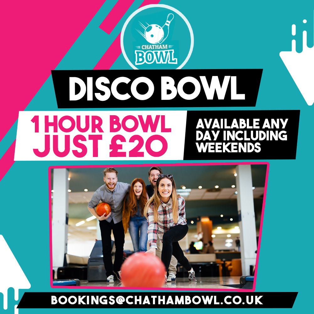 ChathamBowl's tweet photo. Sign off your weekend in style by taking advantage of our Disco Bowl deal 🎳

Treat your team to an hour of bowling for only £20 - Available any day, including weekends 🥳

https://t.co/b5n7DTWl0z 📲

#ChathamBowl #Bowling #Chatham #Arcade #cocktails #FamilyBowl #SlushyJacks https://t.co/53t9OkzsDt