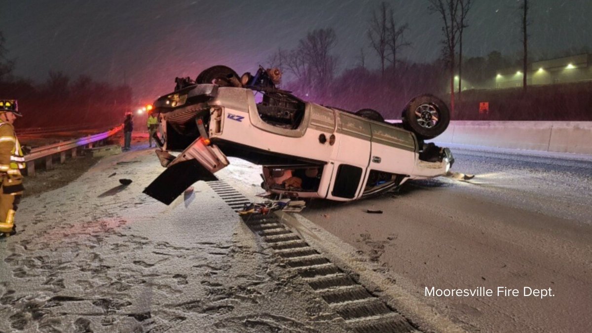 wcnc's tweet photo. DANGEROUS CONDITIONS: If you have to go out during the winter storm, please be careful! Luckily no one was hurt when this truck flipped over on I-77 in Mooresville. Photo credit: Mooresville Fire Dept. #ncwx #cltwx #wakeupclt #clttraffic

MORE INFO: https://t.co/r44l6RbOQw https://t.co/I3GCIHQ5m5