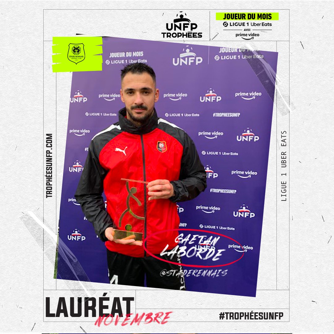 UNFP's tweet photo. 👏 Félicitations au buteur du @staderennais Gaëtan Laborde, qui a reçu son trophée de joueur du mois de @Ligue1UberEats cet après-midi 🏆

#tropheesUNFP #SRFCFCGB https://t.co/N63VTNAanX