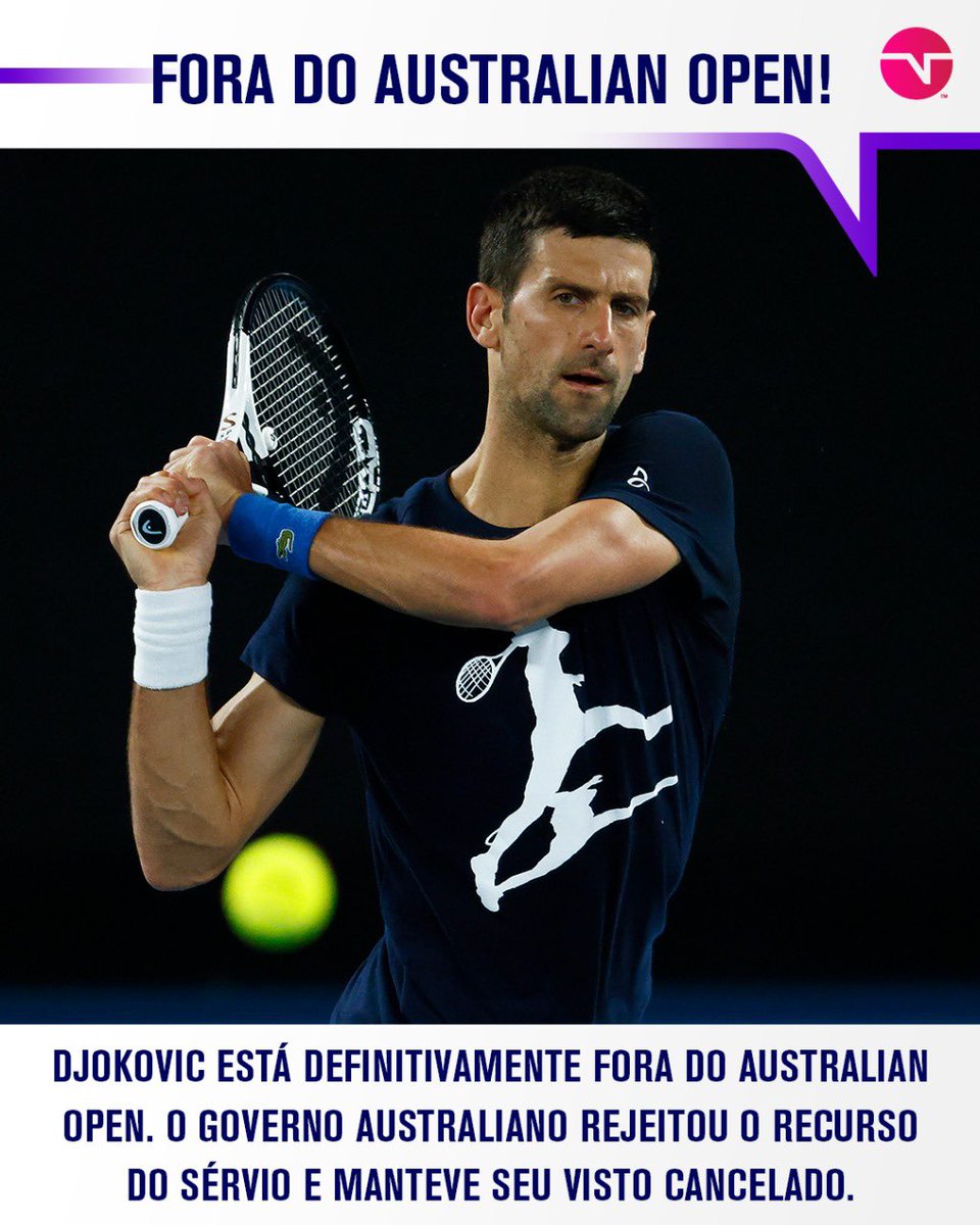 TNTSportsBR's tweet photo. Djokovic está fora da competição e não poderá buscar o recorde de 21 títulos no Grand Slam. Sua estreia estava marcada para esta segunda-feira. Agora, o sérvio será deportado e ainda terá que arcar com os custos do julgamento, que durou quase 9 horas! #Djokovic https://t.co/tugFj2eIw8