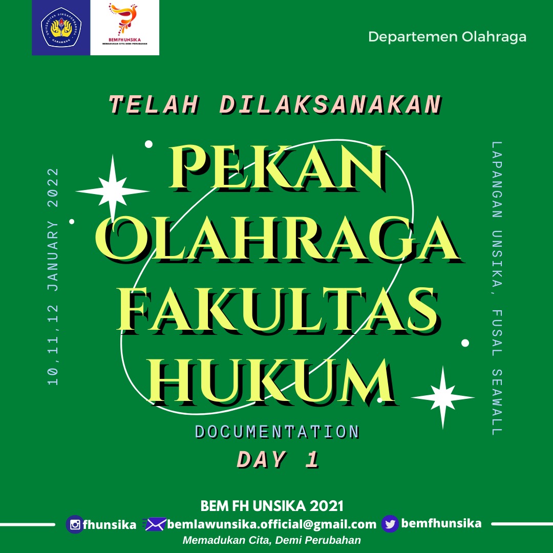 bemfhunsika's tweet photo. [ Telah Dilaksanakan ]

Pekan olahraga Fakultas Hukum Unsika telah dibuka sekaligus dilaksanakan pada hari pertama yaitu Senin tanggal 10 Januari 2021 dari pukul 08.00-17.00 WIB yang bertempat di lapangan Unsika. https://t.co/KpdAlGAtCy
