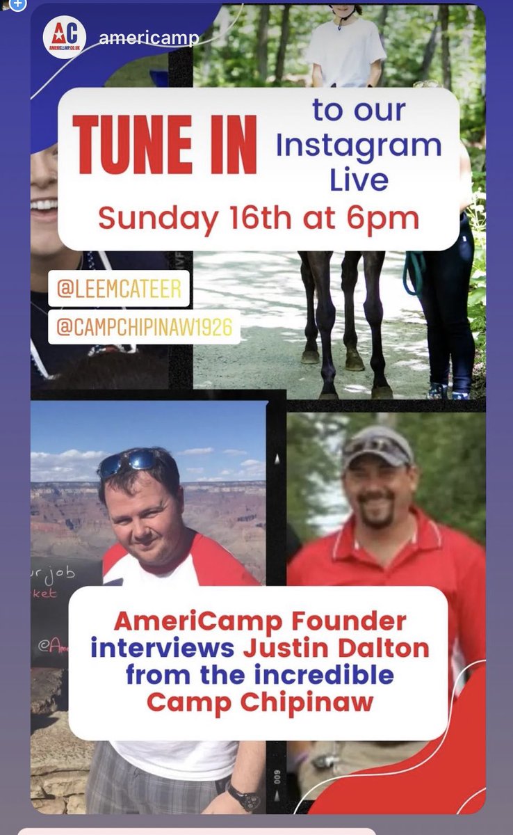 💥 Tune in live at 6pm GMT and listen live to AmeriCamp founder Lee McAteer interview Justin from the amazing <a href="/campchipinaw/">Camp Chipinaw</a> 

😀 Lee will be asking Justin all things camp!

Have a question for Lee or Justin? Let us know! 

⬇️ Click the link at 6pm ⬇️ Instagram.com/AmeriCamp