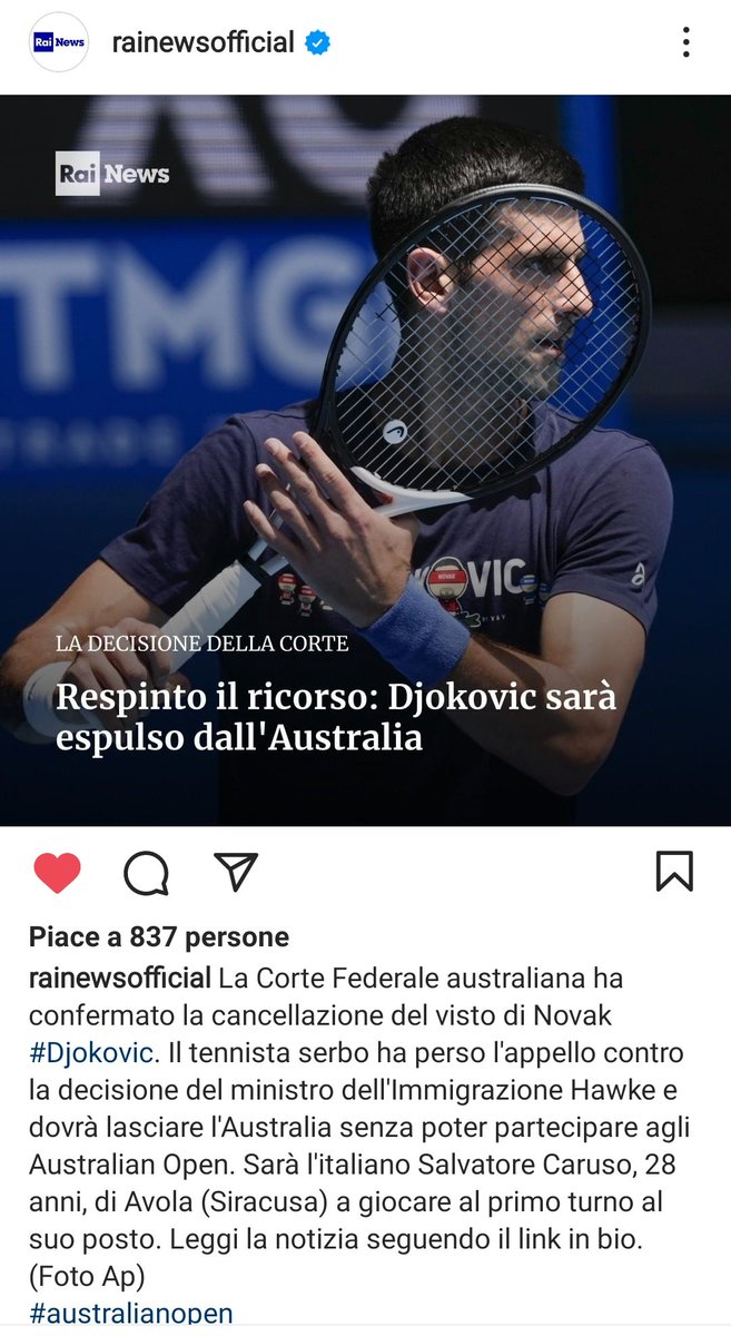 saveriolakadima's tweet image. #Novak_Djokovic è stato letteralmente cacciato dall'Australia.
Cacciato.
Gli altri Paesi seguano l'esempio degli Australiani.
#AusOpen #Djokovic 
@AustralianOpen 
Via @RaiNews