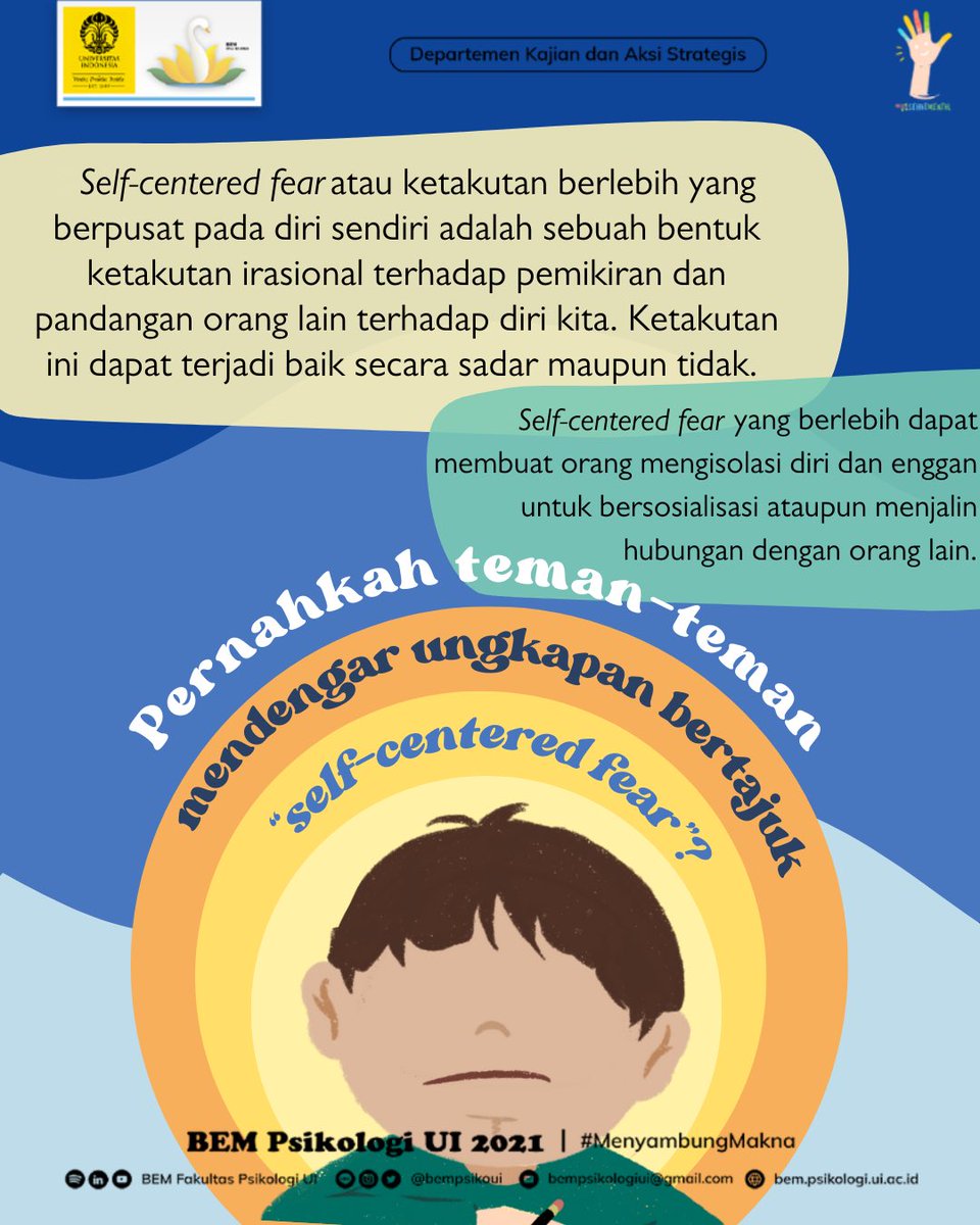 uisehatmental's tweet photo. [Gimana Sih Cara Mengurangi Self-Centered Fear?]

Pernah ga sih teman-teman merasa takut pada pandangan dan pemikiran orang lain terhadap diri teman-teman?

#BefriendYourself
#UISehatMental https://t.co/5o9VD41Nzw