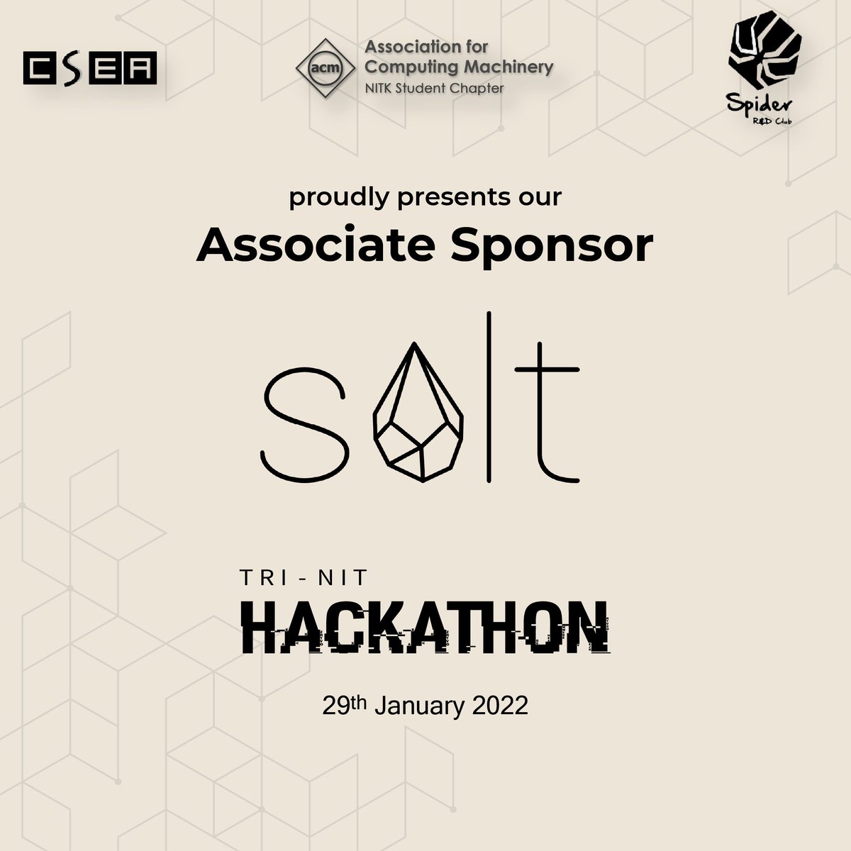 AcmNitk's tweet photo. We are super thrilled to announce that 'Salt' will be our associate sponsor for the upcoming Tri-NIT hackathon🎉

Salt is a start-up that looks at expanding the scope and easing the use of financial services for women by adopting a community-based approach💸 https://t.co/xfWder8qym