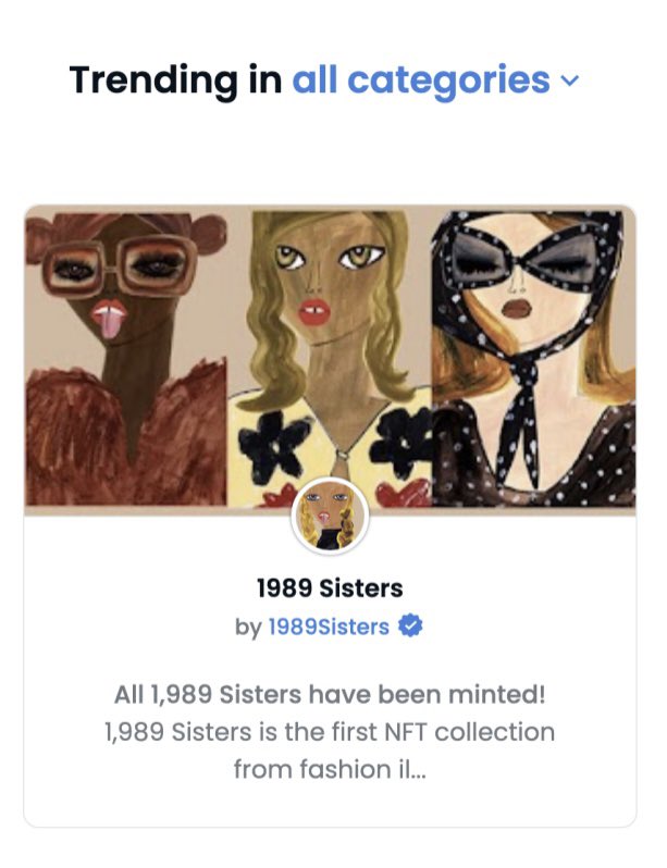 Minted <a href="/1989Sisters/">1,989 Sisters</a>, a stealth launch &amp; fast rising nft collection(0.12E mint yesterday, 0.75Enow)

by one of NYC’s most in demand fashion illustrators <a href="/BlondeLasagna/">Blair Breitenstein</a> whose worked with fashion houses u might’ve heard of…<a href="/Prada/">PRADA</a> <a href="/saks/">Saks Fifth Avenue</a> 👀😮

i love the collection &amp; here’s why👇🏼