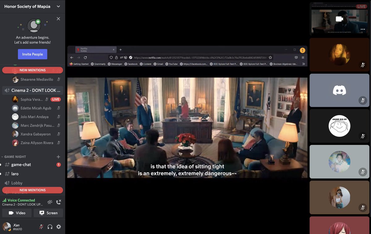 HonorSocMapua's tweet photo. HAPPENING NOW: HSM's Movie Night on Discord with the Etan Community. 📽️

Showing on Cinema 2 is the catastrophic event that will possibly end the Earth on Don't Look Up (2021).

#HSMMovieNight2022 https://t.co/65g9aQN2o9