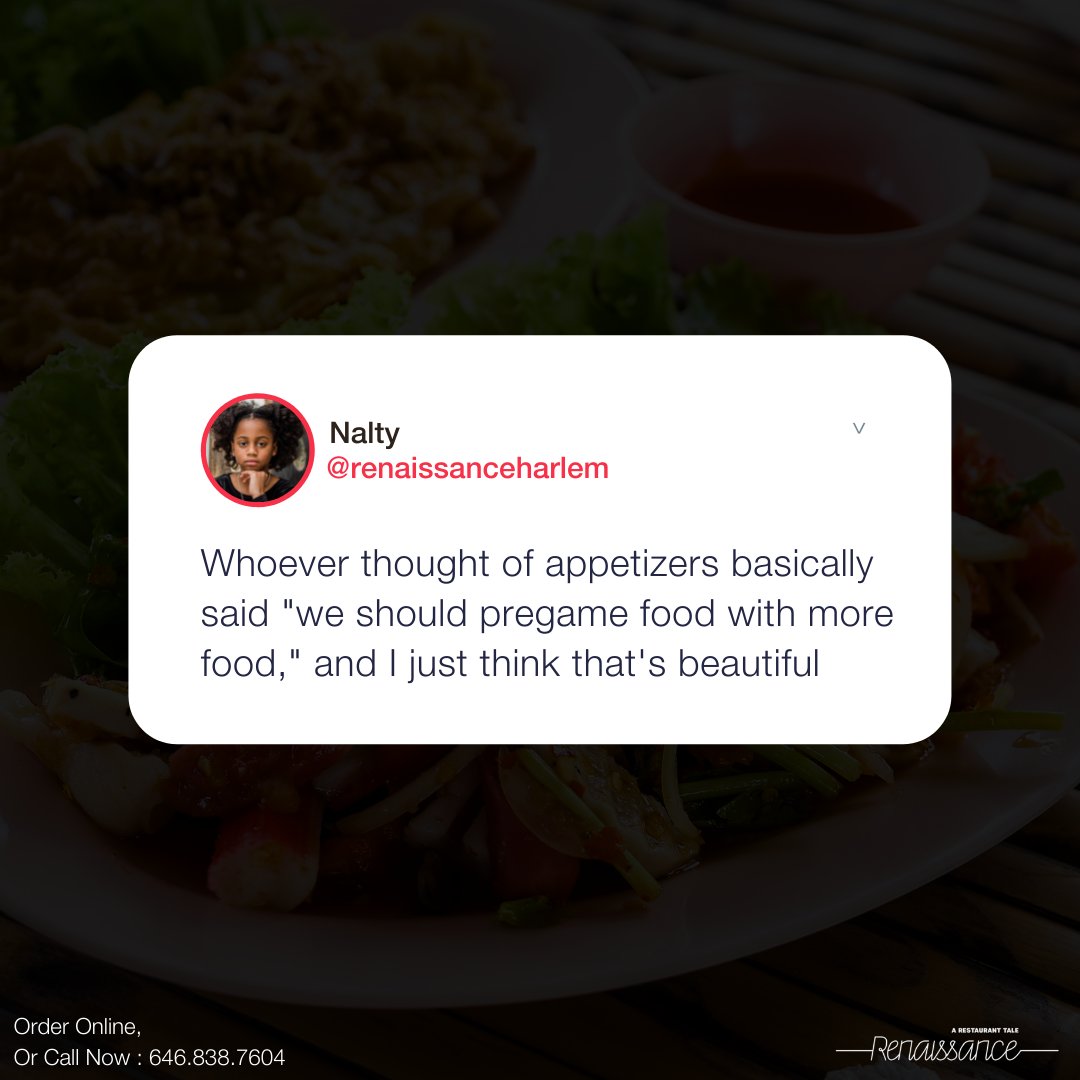 132renaissance's tweet photo. Interesting opinion about appetizers, what do you think?
Reserve your table now - https://t.co/Sjv14TsPmL
Order Online, Or Call Now : 646.838.7604
#africanfood #africanfoods https://t.co/oQUGQs4wWY