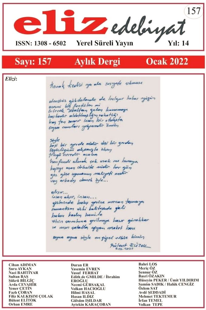 Çaput isimli şiirim Eliz Edebiyat 157. 2022 Ocak sayısında yayımlandı. #elizedebiyatdergisi