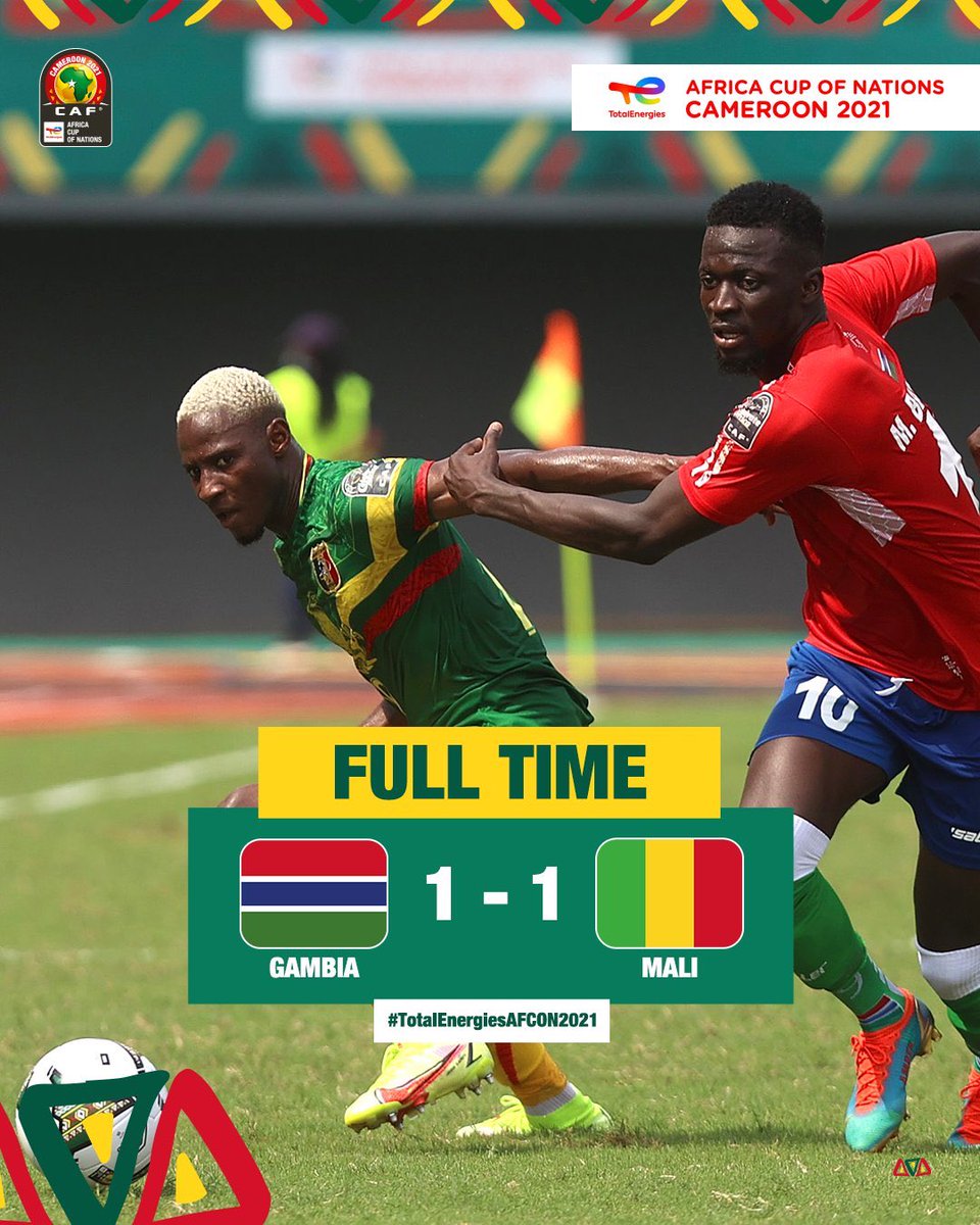 Radiotv10rwanda's tweet photo. FULL-TIME : Gambia ￼ 1️⃣-1⃣  Mali ￼

2⃣ Penalties ⚽⚽

#TotalEnergiesAFCON2021 ￼ | #AFCON2021 ￼ | #GMBMLI https://t.co/BMvVV8jog3