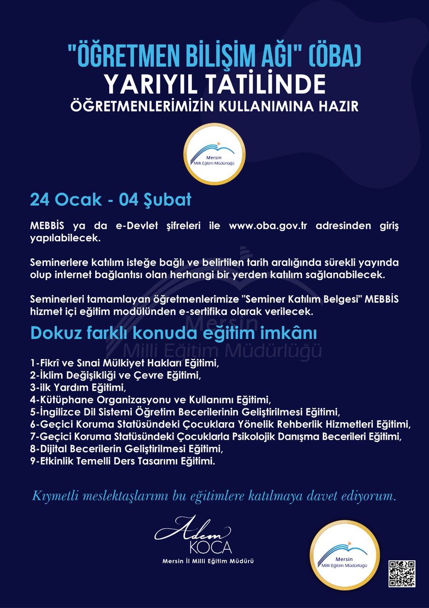 Milli Eğitim Bakanlığımız tarafından oluşturulan ve ilk defa yarıyıl tatilinde uygulanacak olan yeni dijital platformumuz ÖBA (Öğretmen Bilişim Ağı) hayırlı olsun.
#TeşekkürlerÖğretmenim
<a href="/tcmeb/">Millî Eğitim Bakanlığı</a> #ÖBA <a href="/MersinMEM/">Mersin İl Millî Eğitim Müdürlüğü</a>