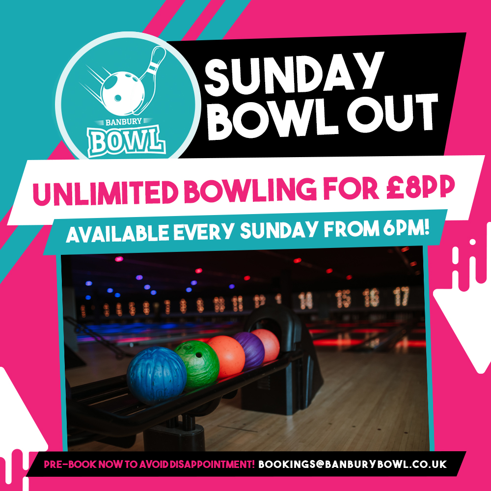 banburybowl's tweet photo. Happy Sunday! Celebrate the end of the weekend with our Sunday bowl out! 🤩

Get your hands on unlimited bowling for only £8pp, every Sunday from 6PM 🎳

https://t.co/Agoo1JER3B 📲

#BanburyBowl #Bowling #Banbury #UK #Bowl #Food #Drinks #FamilyBowl #bowlwithfriends https://t.co/nUbQYc98YA