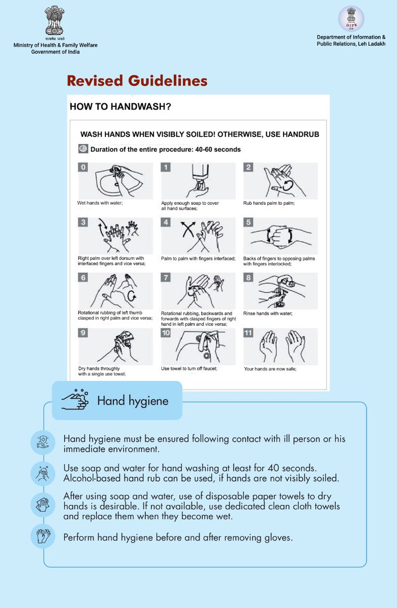 DIPR_Leh's tweet photo. A proper guide to maintain #handhygiene.

#COVIDAppropriateBehaviour 
#RevisedGuidelines
#Unite2FightCorona 
#LadakhFightsCorona

@LAHDC_LEH @LAHDC_K @DC_Leh_Official @DIPR_Kargil @MoHFW_INDIA @ddnewsladakh @prasarbharti https://t.co/6Q3B3F9OH8