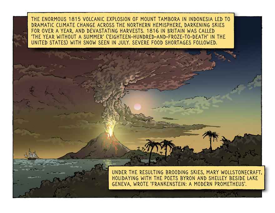 PeterlooBook's tweet photo. The Hunga Tonga volcano really reminds me of 1815 Mount Tambora eruption, so huge it changed the climate, caused the drastic food shortages of 'The Year Without a Summer', and in a sense therefore helped instigate Peterloo itself.
Here it is illustrated in the graphic novel... https://t.co/dNxuLFUUxa