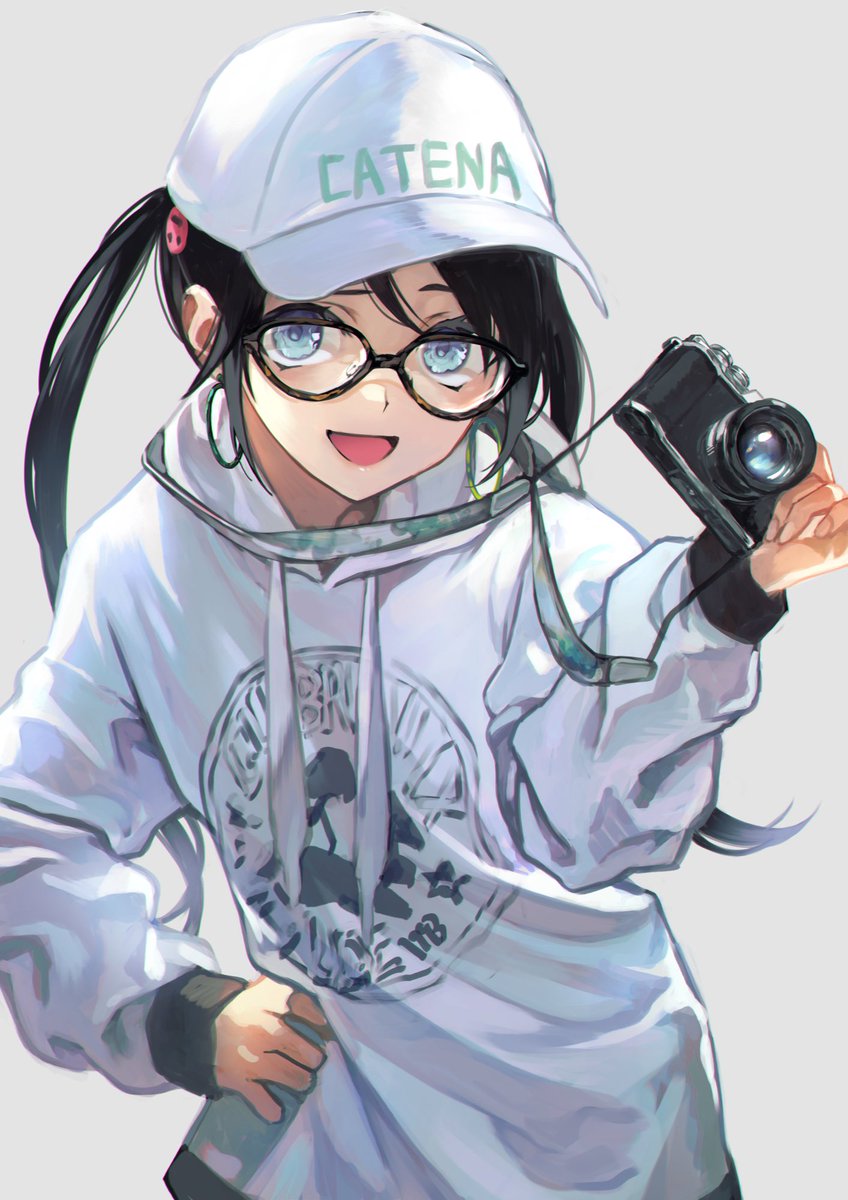 1girl solo black hair hat glasses camera twintails  illustration images