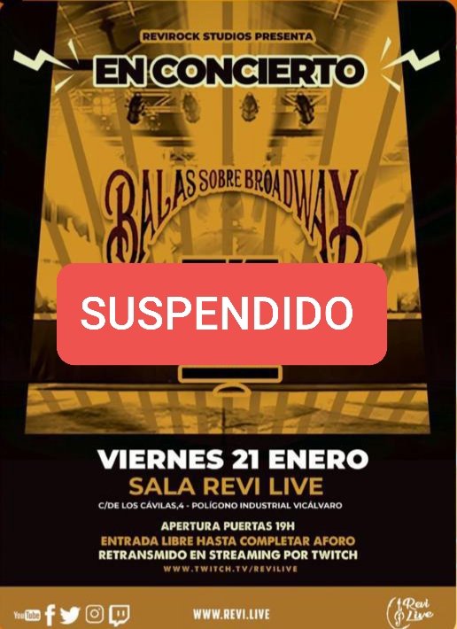 Sentimos comunicar qué suspendemos el concierto del día 21 e sala <a href="/LiveRevi/">Revi Rock Live</a>. El Covid llegó al grupo. Ya nos veremos en otra ocasión. Gracias a tod@s y disculparnos 
🔥🤘🏼Qué el #rock no pare🤘🏼🔥