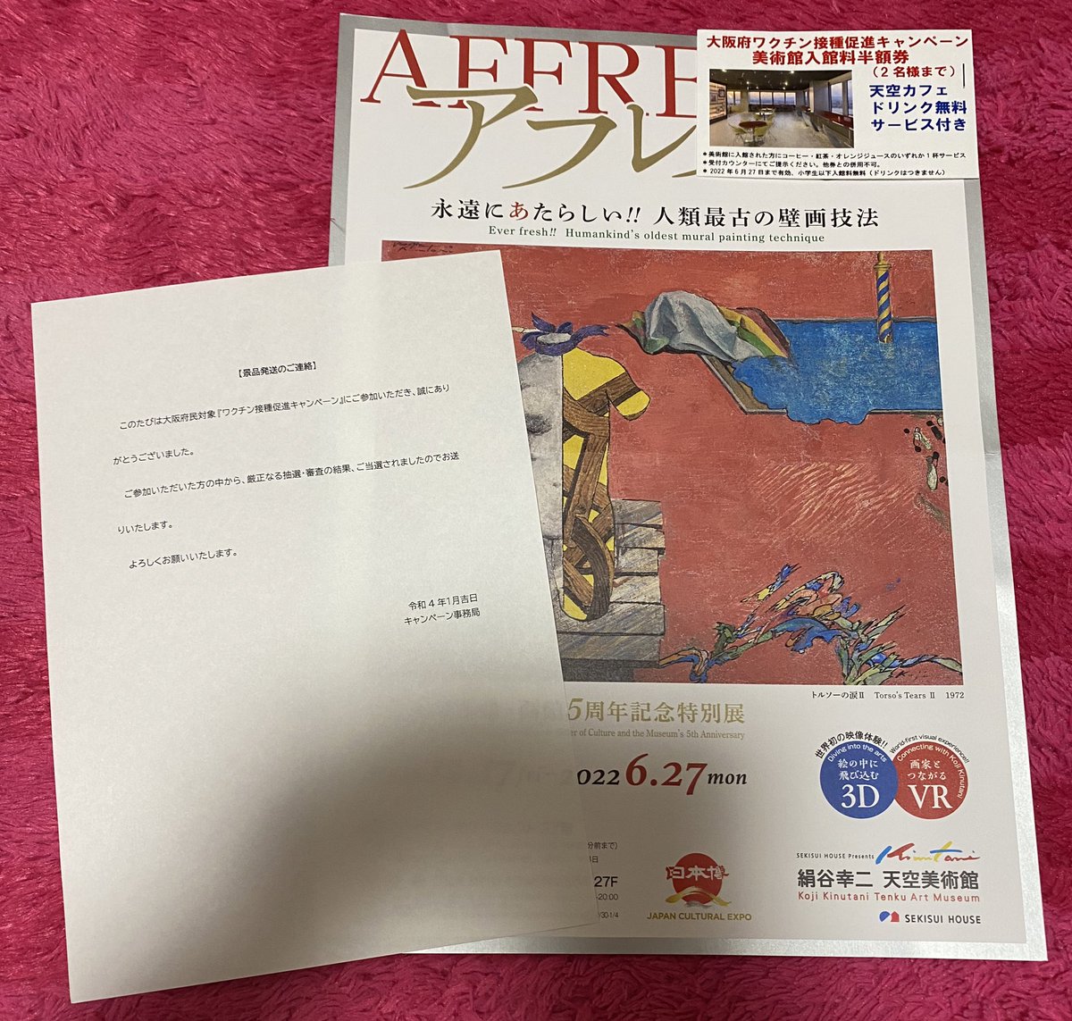 twimari0327's tweet photo. 大阪のコロナワクチン接種促進キャンペーンが当たって景品きた⸜ ♡ ⸝
でも美術館、、、しかも無料券ではなく半額、、、
まぁこういう機会でも無かったら一生縁がなさそうやから行くか。笑 https://t.co/bQh75F5fXY