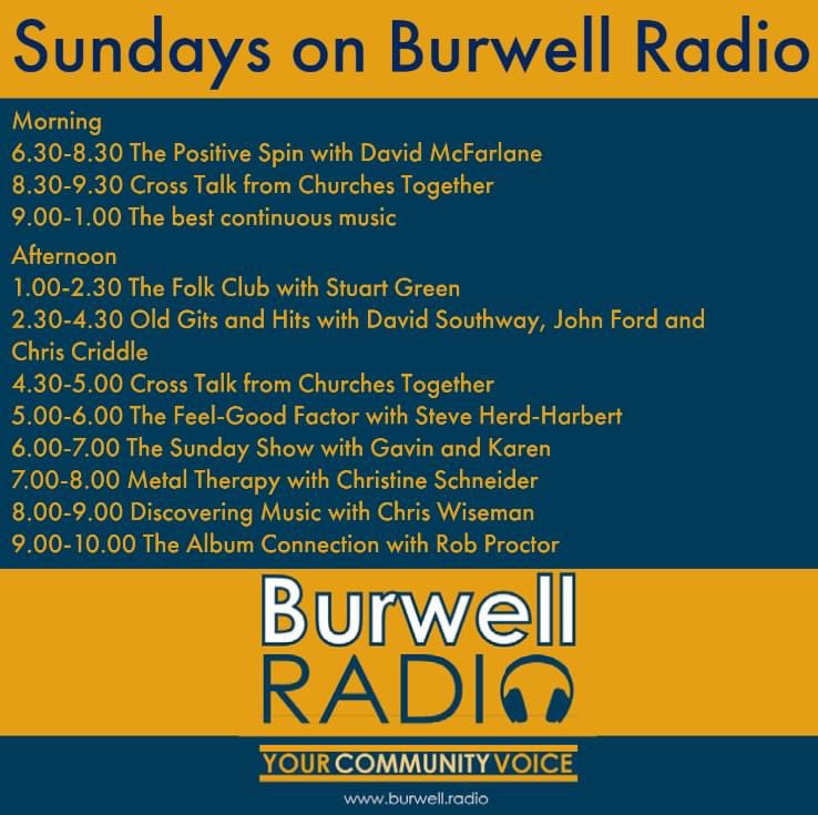 Join us for another day of entertaining programmes on Burwell Radio.

To listen to us, and view our full day-by-day schedule - please visit burwell.radio.