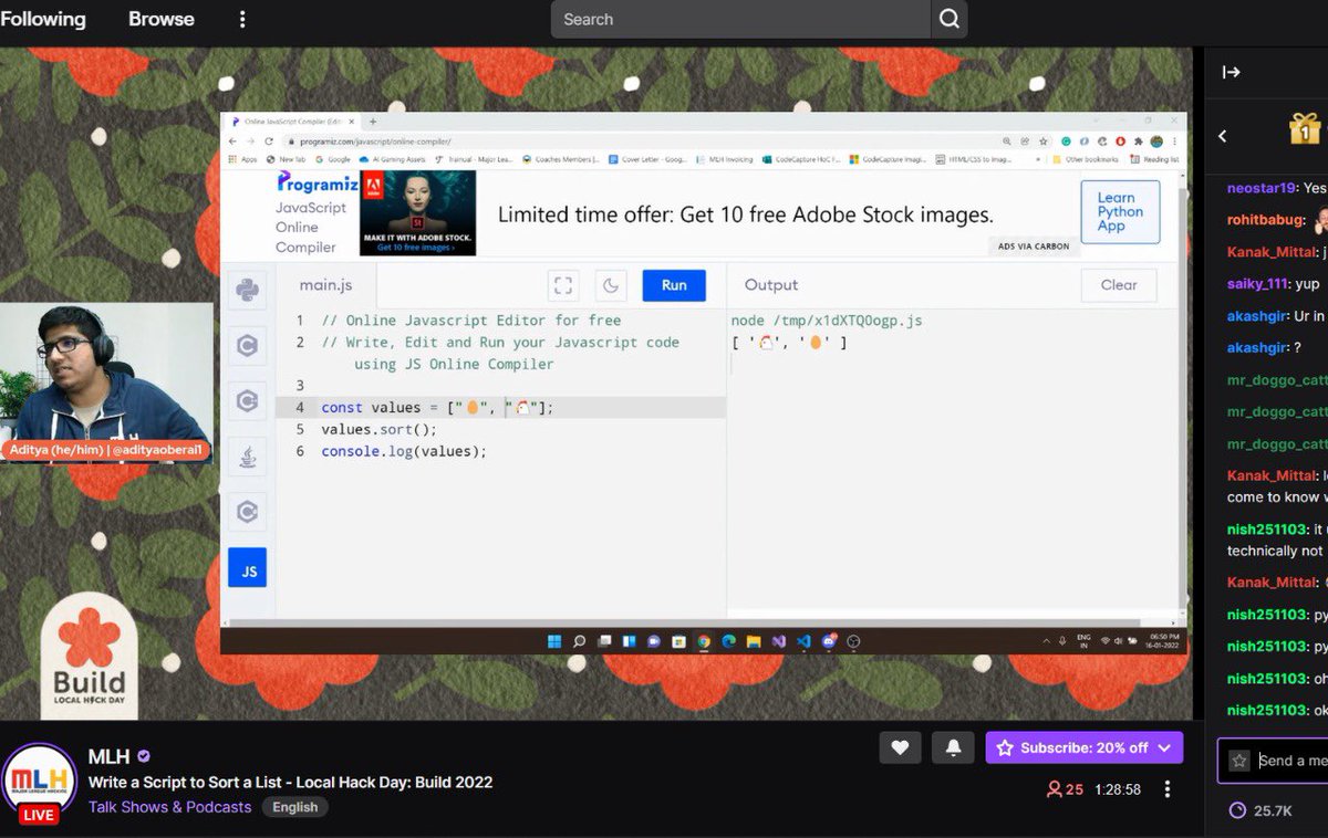 nishchal03's tweet photo. Writing a script with @adityaoberai to sort a list in different languages(Now I know chicken’s came first😂), unfortunately this is the last event of LHD: Build 2022 😢.

FYI: #LocalHackDay is rebranded to GlobalHackWeek 😃.
@MLHacks https://t.co/lThywvk0Kp