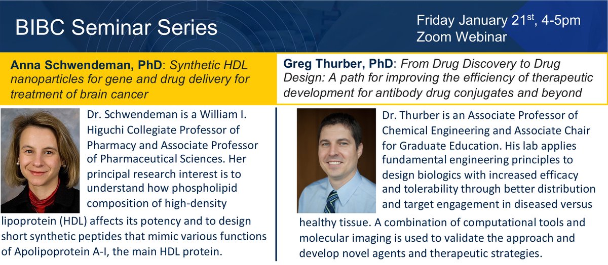 UMBiointerfaces's tweet photo. Join the #BioInnovationsinBrainCancer this Friday with Dr. Anna Schwendeman and Dr. Greg Thurber to learn about their recent research in nanotechnology and antibody drug conjugate designs 👇https://t.co/2945aBVkc7 https://t.co/itkjuczpWa