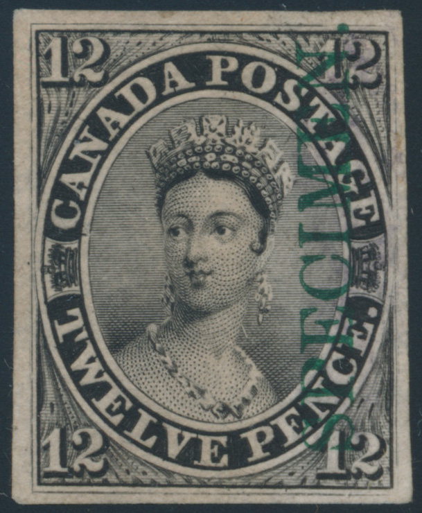 SparksAuctions's tweet photo. A very scarce plate proof, coming on January 27: Lot 31, Canada twelve penny Victoria plate proof in black with SPECIMEN overprint in green #IndiaPaper https://t.co/gJPBxbd9dw https://t.co/I7zmdQ0hRm