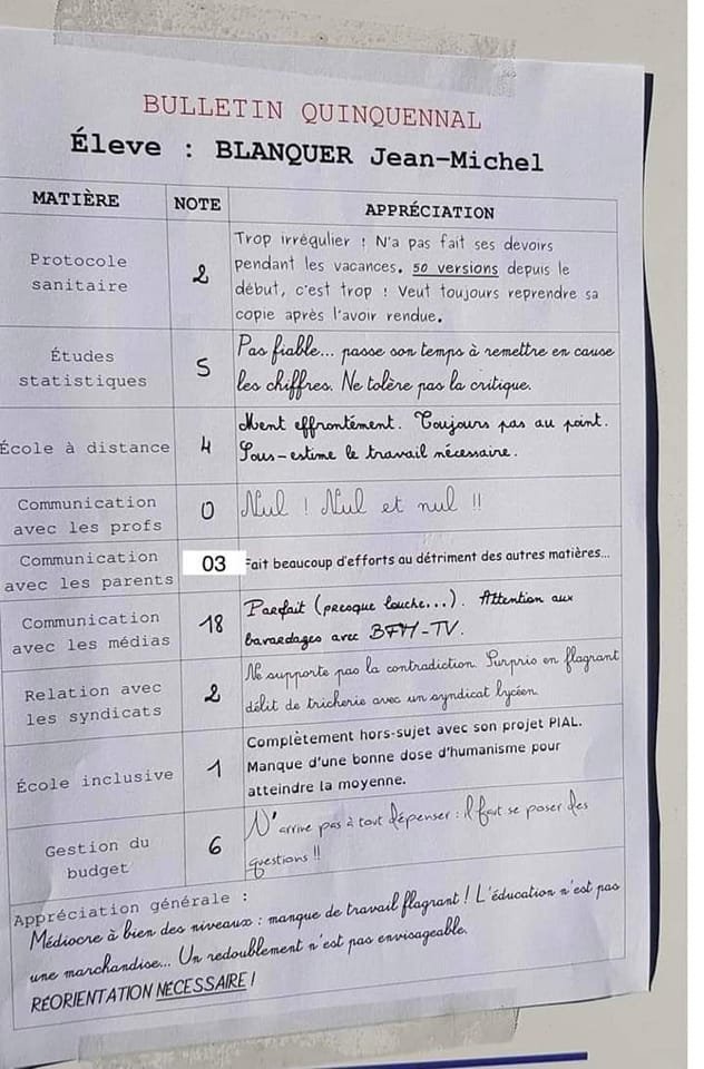 MathsRouge's tweet photo. Trouvé sur Facebook 🤣 image qui circulerait chez les parents... 
A priori la note de communication avec les parents a été revue à la baisse...

#BlanQuerOFF pour une #BlanquerDemission https://t.co/hj2yQ6ZytL