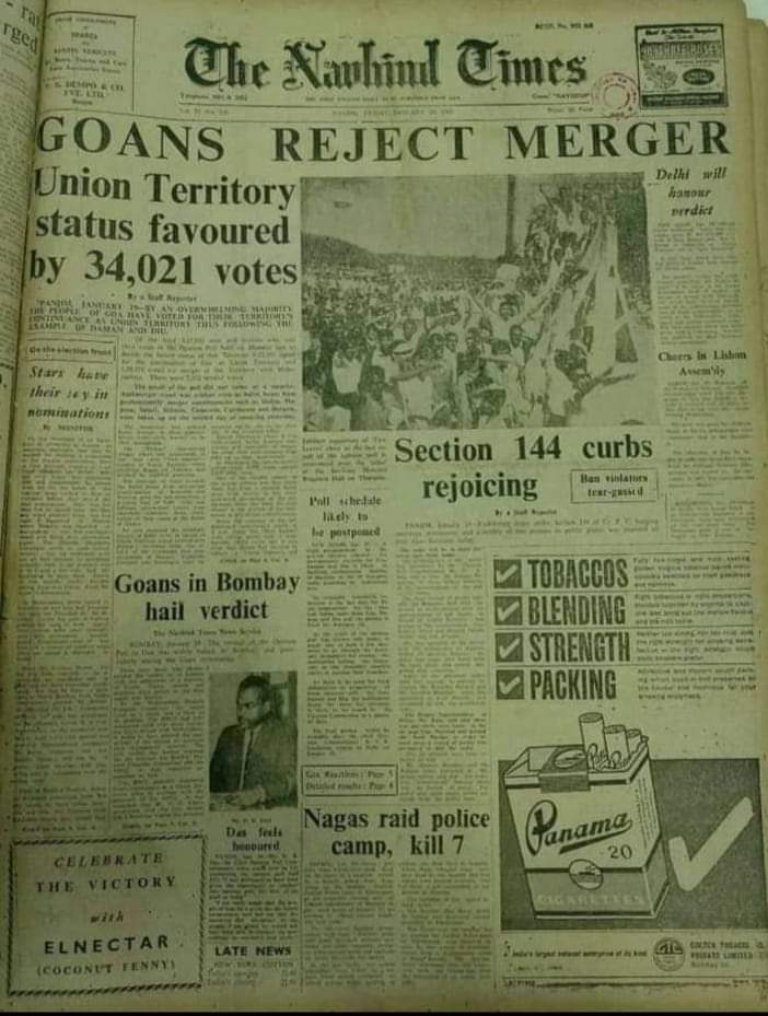 ShrinivasDempo's tweet photo. 16 Jan 1967 was a historic day for Goa. The Opinion Poll Day helped shape Goa's unique identity. Here's the Navhind Times press coverage of the historic day. https://t.co/Q9Gdu2l7qe