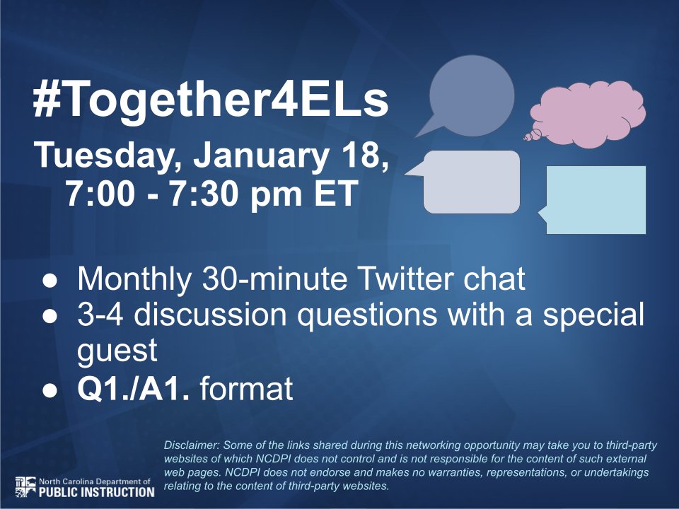 NCDPI_MLs's tweet photo. #Together4ELs chat resumes this Tuesday, January 18 at 7:00 pm ET. Join us!! @ncpublicschools @NCCharterOffice #NCEd #ELLChat #NCELs https://t.co/8ONsW9YclW