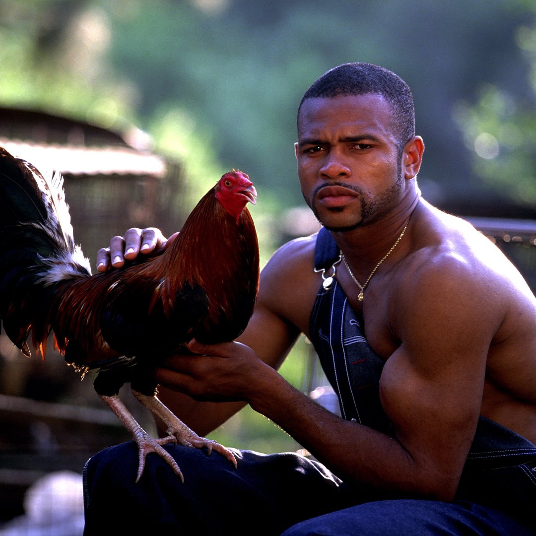 Happy Birthday to boxing legend Roy Jones Jr. and his photoshoot in dungarees holding a rooster. 