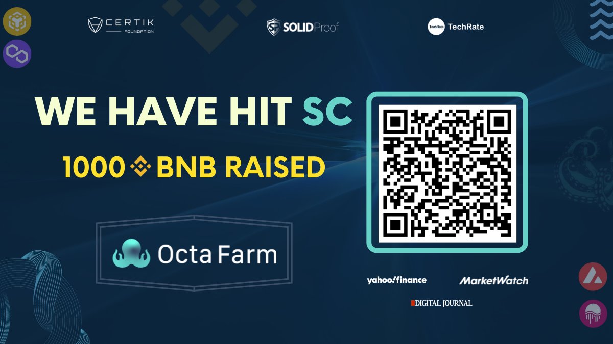 Thanks everyone, Team OctaFarm glad to announce that we have achieved 1000 BNB softcap milestone.
More coming, Pools/Farms will be live once presale hit Hardcap!

app.octafarm.fi/#/bsc

You can join presale here: pinksale.finance/#/launchpad/0x…

#octafarm #BNB #bsc #binance #staking