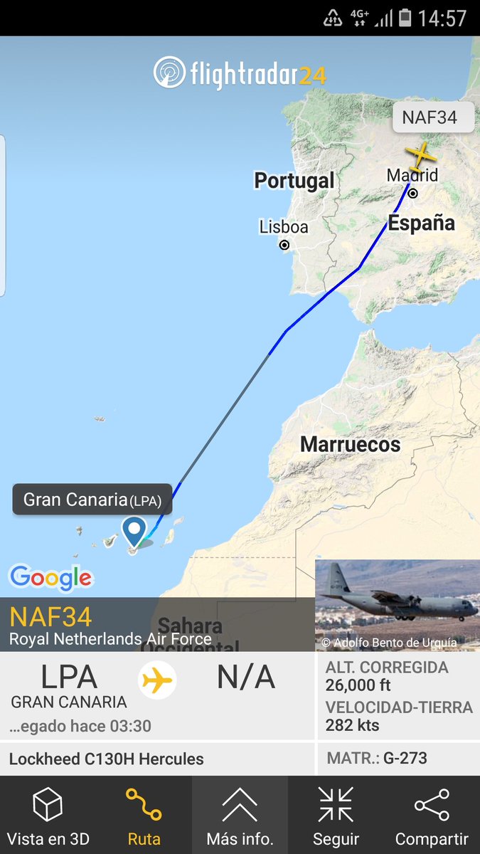 MilRadar's tweet photo. 🇳🇱 Real Fuerza Aérea Neerlandesa C-130H Hércules #G273 despega desde #Gando #GranCanaria y con rumbo N sobrevuela la provincia de #Burgos https://t.co/jMyAWfgF8k