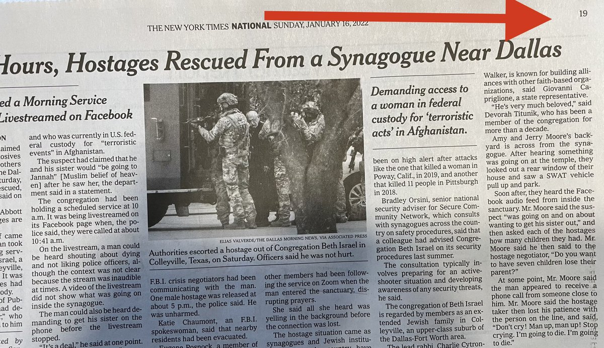 Apparently a hostage situation in a shul that lasts 11 hours doesn’t warrant anywhere near front page news <a href="/nytimes/">The New York Times</a> #page19 #Colleyville