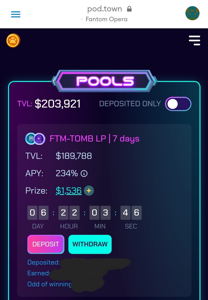 CryptoDegenKen's tweet photo. Come to @pod_town and play in a risk-free lottery while earning interest on your FTM-TOMB LP (resistant to IL) #podgang #cyberneko #podtogether https://t.co/XYWj00G8gN
