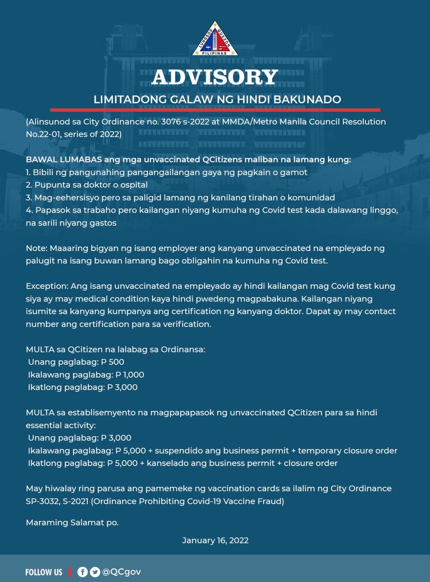 QCGov's tweet photo. MAHALAGANG PAALALA: LIMITADONG GALAW NG HINDI BAKUNADO https://t.co/8162p1g9GZ