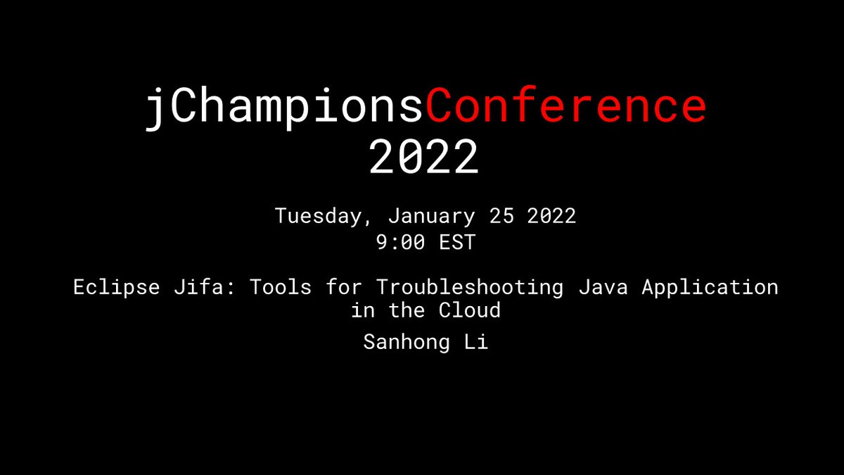 "Eclipse Jifa: Tools for Troubleshooting Java Application in the Cloud" by <a href="/sanhong_li/">San-Hong Li</a> on Tuesday 25th January at 9:00am EST. Register here: eventbrite.com/e/jchampions-c… #Java