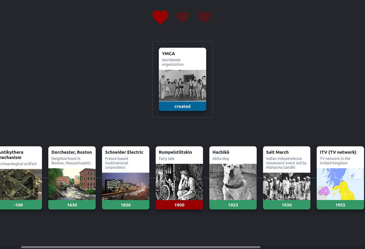 tom_j_watson's tweet image. I turned wikidata into a trivia card game:
wikitrivia.tomjwatson.com.
Order the cards on the timeline in the correct order and try and set the highest score possible!