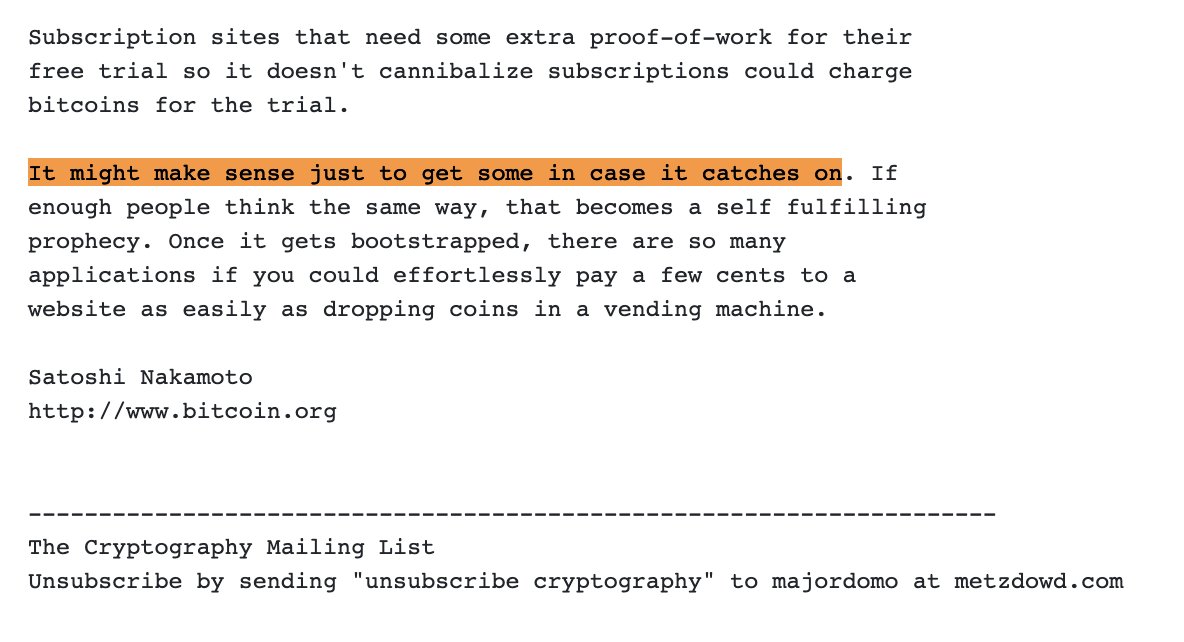 pete_rizzo_'s tweet photo. "It might make sense just to get some in case it catches on." – Satoshi on #Bitcoin 13 years ago today ✨ https://t.co/tgKjOTfi20