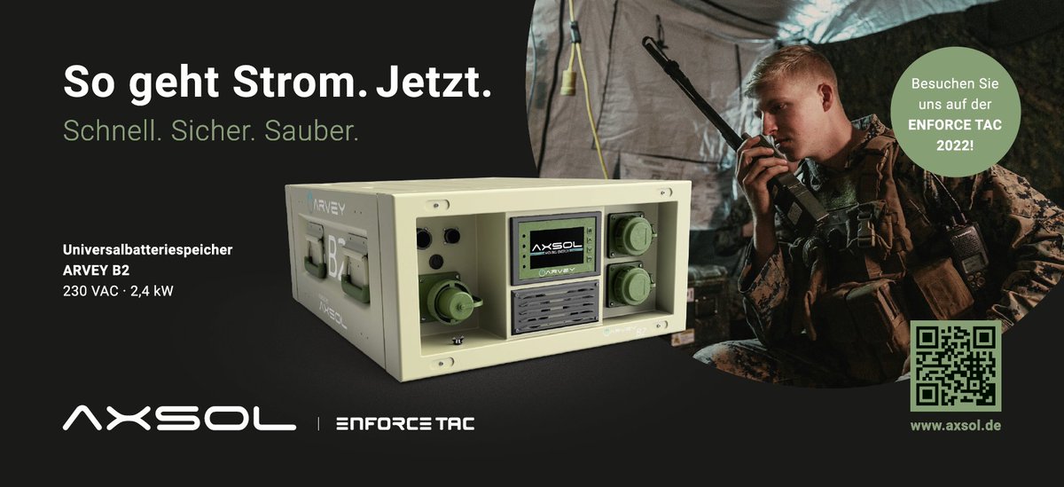 KdoMagazin's tweet photo. #AXSOL bietet taktische, mobile Energie, und das sicher, verlässlich und unkompliziert. Die Lösungen reichen von kleinen tragbaren Geräten im #SOF-Einsatz bis hin zu skalierbaren Energie-Container-Lösungen in komplexen Operationen. https://t.co/4JV1073vg3 https://t.co/qFFwSLF80Q